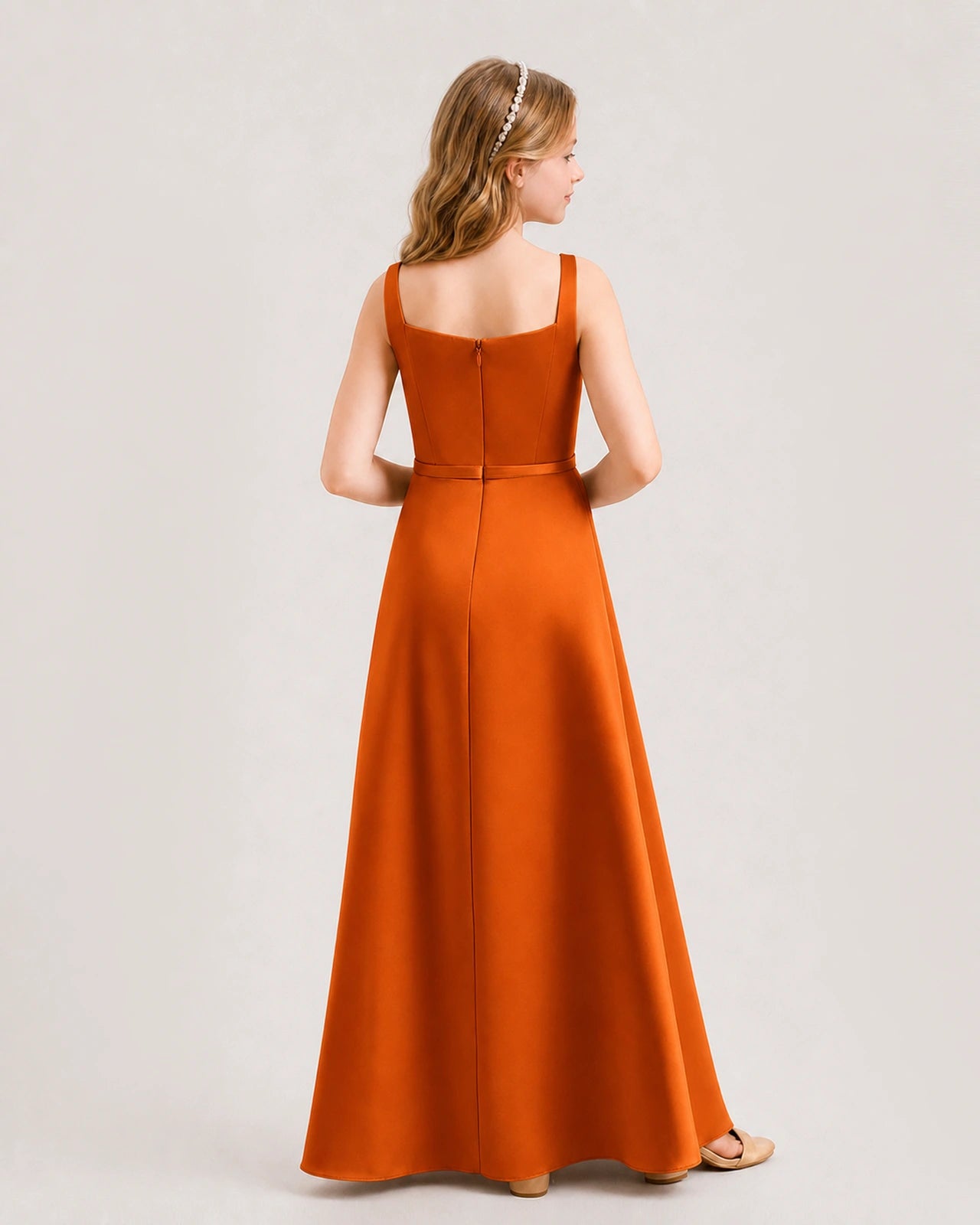 BurntOrange Junior Bridesmaid Dress Wide Strap Draped Satin A-Line Floor-Length Gown Back Full View