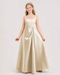 Champagne Junior Bridesmaid Dress Wide Strap Draped Satin A-Line Floor-Length Gown Front Full View