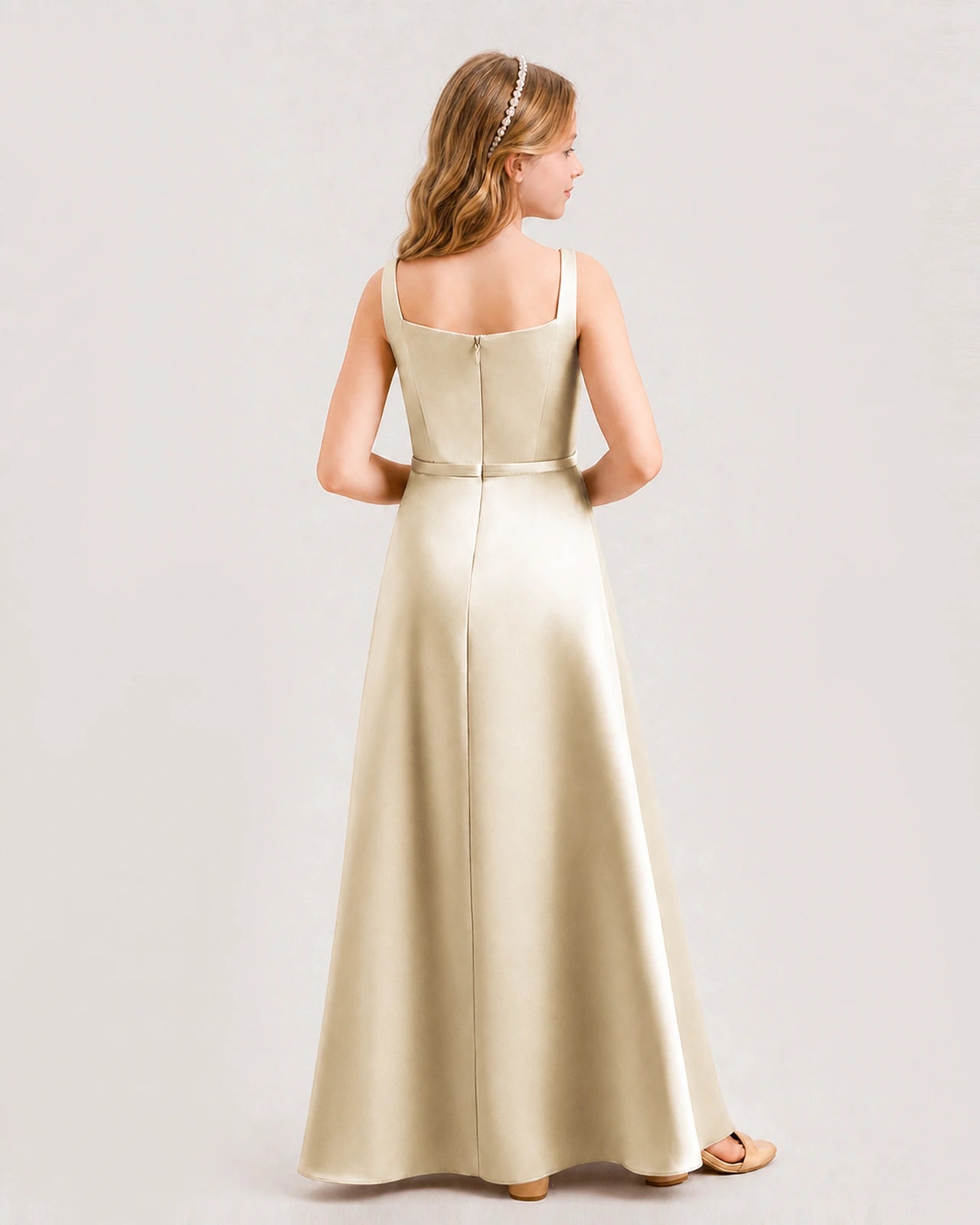 Champagne Junior Bridesmaid Dress Wide Strap Draped Satin A-Line Floor-Length Gown Back Full View
