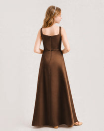 Chocolate Junior Bridesmaid Dress Wide Strap Draped Satin A-Line Floor-Length Gown Back Full View