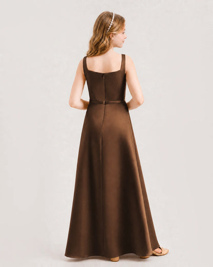 Chocolate Junior Bridesmaid Dress Wide Strap Draped Satin A-Line Floor-Length Gown Back Full View