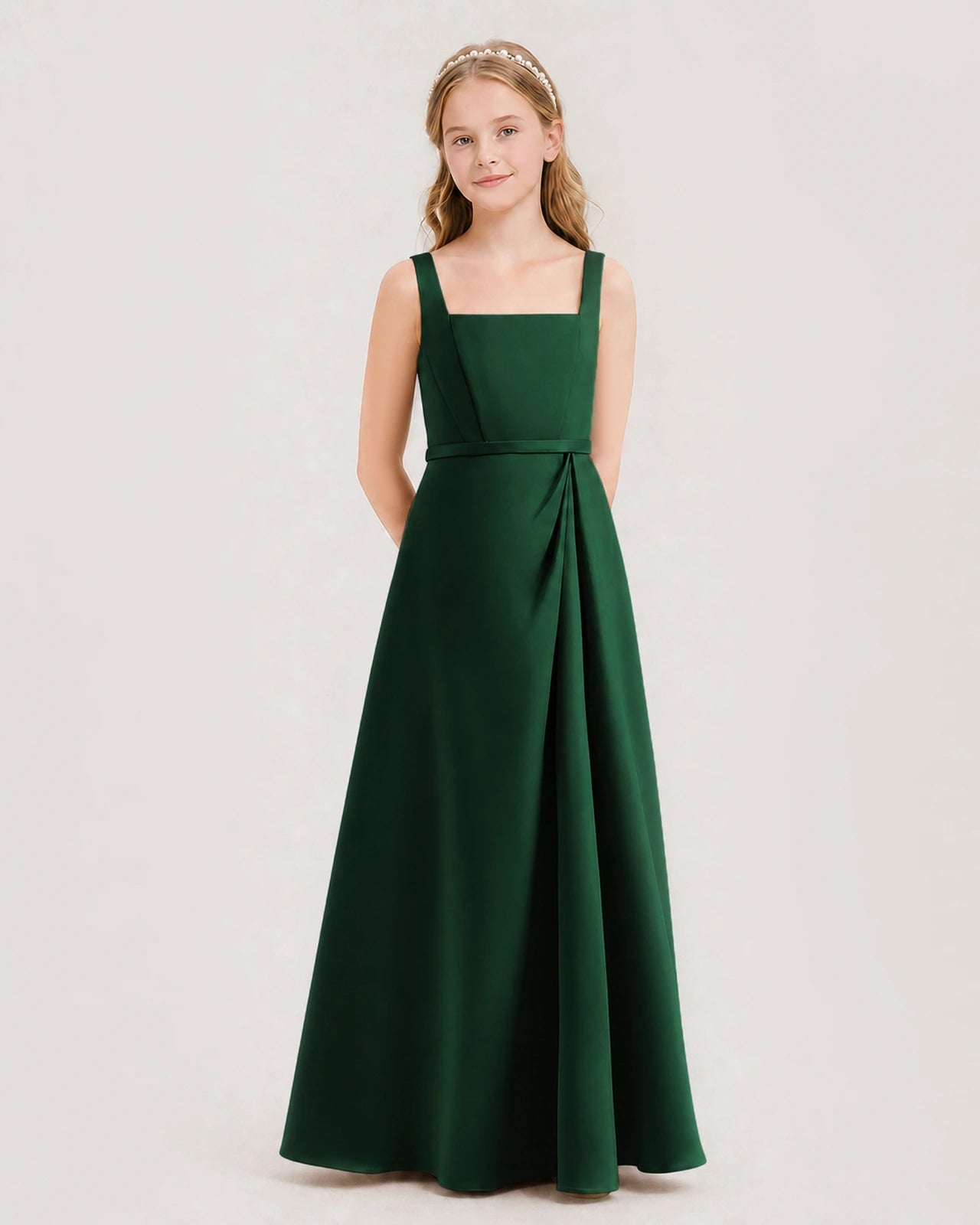 Dark Green Junior Bridesmaid Dress Wide Strap Draped Satin A-Line Floor-Length Gown Front Full View