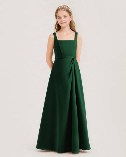 Dark Green Junior Bridesmaid Dress Wide Strap Draped Satin A-Line Floor-Length Gown Front Full View