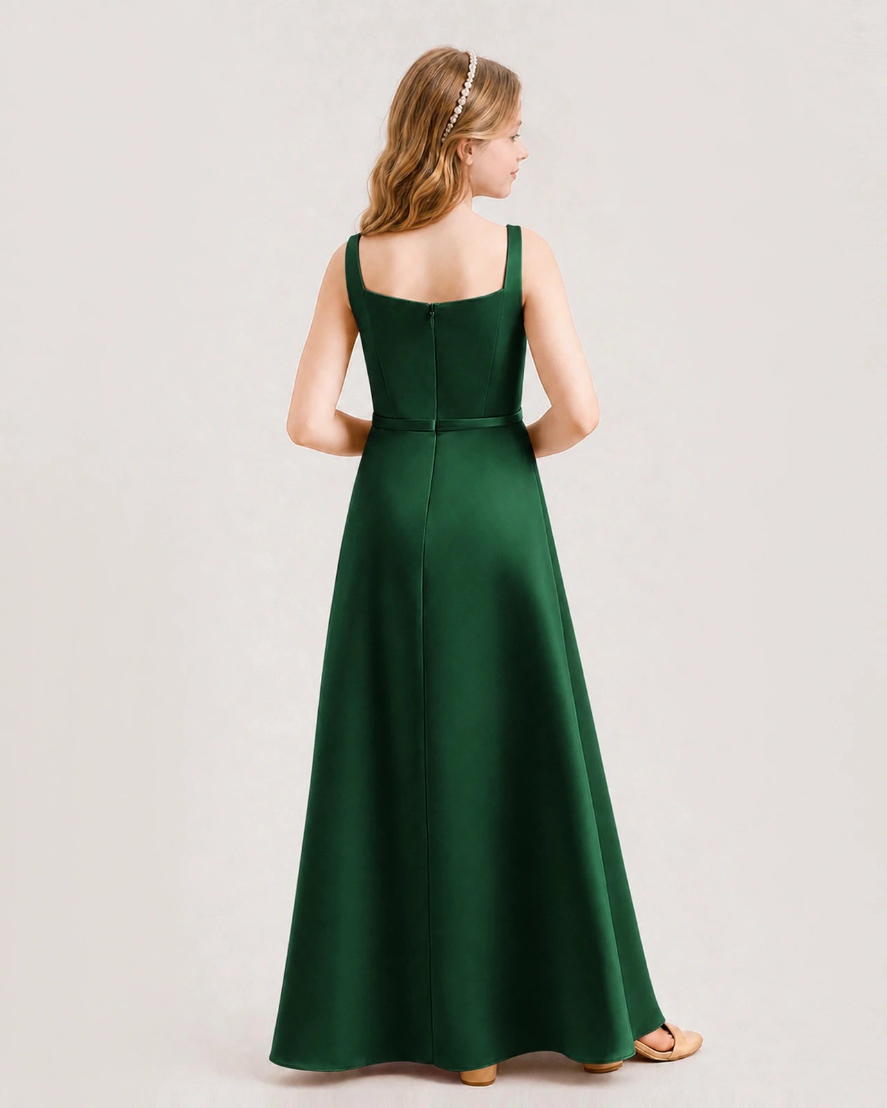 Dark Green Junior Bridesmaid Dress Wide Strap Draped Satin A-Line Floor-Length Gown Back Full View