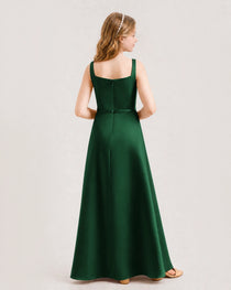 Dark Green Junior Bridesmaid Dress Wide Strap Draped Satin A-Line Floor-Length Gown Back Full View