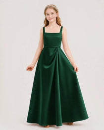 Dark Green Junior Bridesmaid Dress Wide Strap Draped Satin A-Line Floor-Length Gown Front Full View