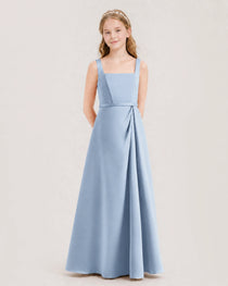 Dusty Blue Junior Bridesmaid Dress Wide Strap Draped Satin A-Line Floor-Length Gown Front Full View
