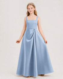 Dusty Blue Junior Bridesmaid Dress Wide Strap Draped Satin A-Line Floor-Length Gown Front Full View