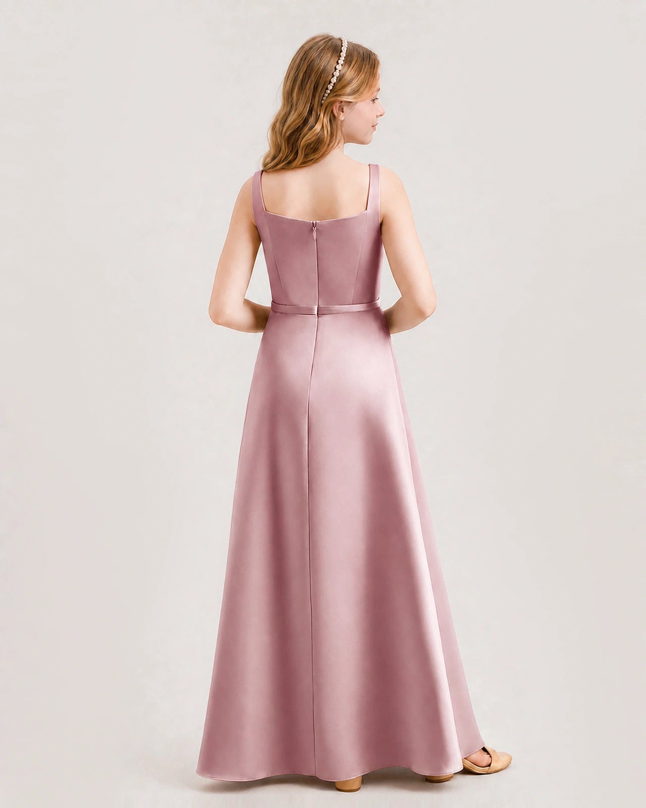 Dusty Rose Junior Bridesmaid Dress Wide Strap Draped Satin A-Line Floor-Length Gown Back Full View