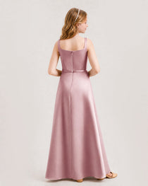 Dusty Rose Junior Bridesmaid Dress Wide Strap Draped Satin A-Line Floor-Length Gown Back Full View