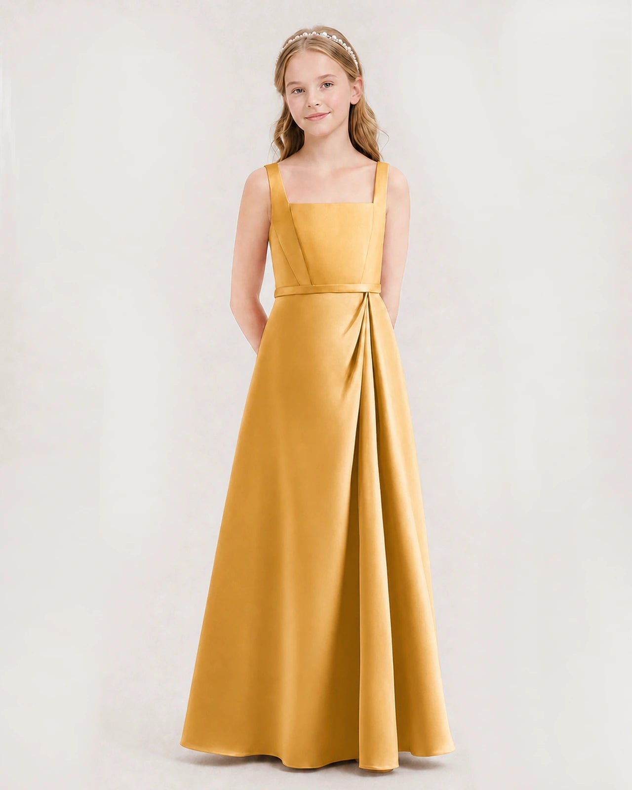 Gold Junior Bridesmaid Dress Wide Strap Draped Satin A-Line Floor-Length Gown Front Full View