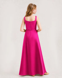 Hot PinkJunior Bridesmaid Dress Wide Strap Draped Satin A-Line Floor-Length Gown Back Full View