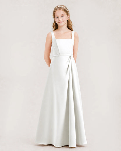 Ivory Junior Bridesmaid Dress Wide Strap Draped Satin A-Line Floor-Length Gown Front Full View
