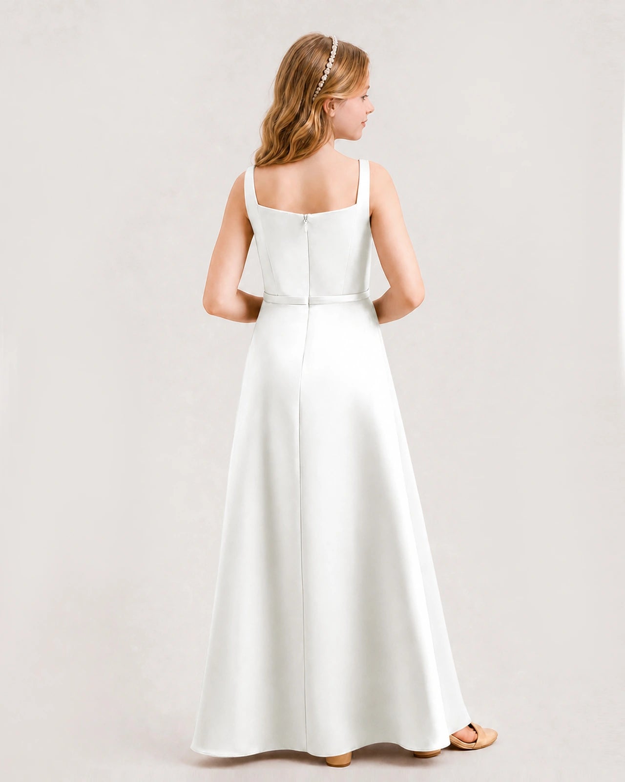 Ivory Junior Bridesmaid Dress Wide Strap Draped Satin A-Line Floor-Length Gown Back Full View