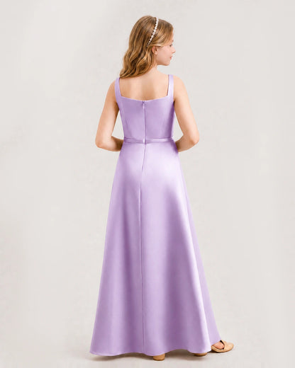 Lilac Junior Bridesmaid Dress Wide Strap Draped Satin A-Line Floor-Length Gown Front Full View
