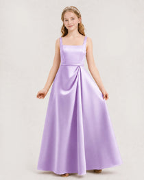 Lilac Junior Bridesmaid Dress Wide Strap Draped Satin A-Line Floor-Length Gown Front Full View