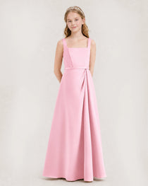 Pink Junior Bridesmaid Dress Wide Strap Draped Satin A-Line Floor-Length Gown Front Full View