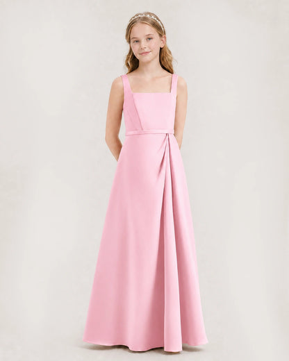 Pink Junior Bridesmaid Dress Wide Strap Draped Satin A-Line Floor-Length Gown Front Full View