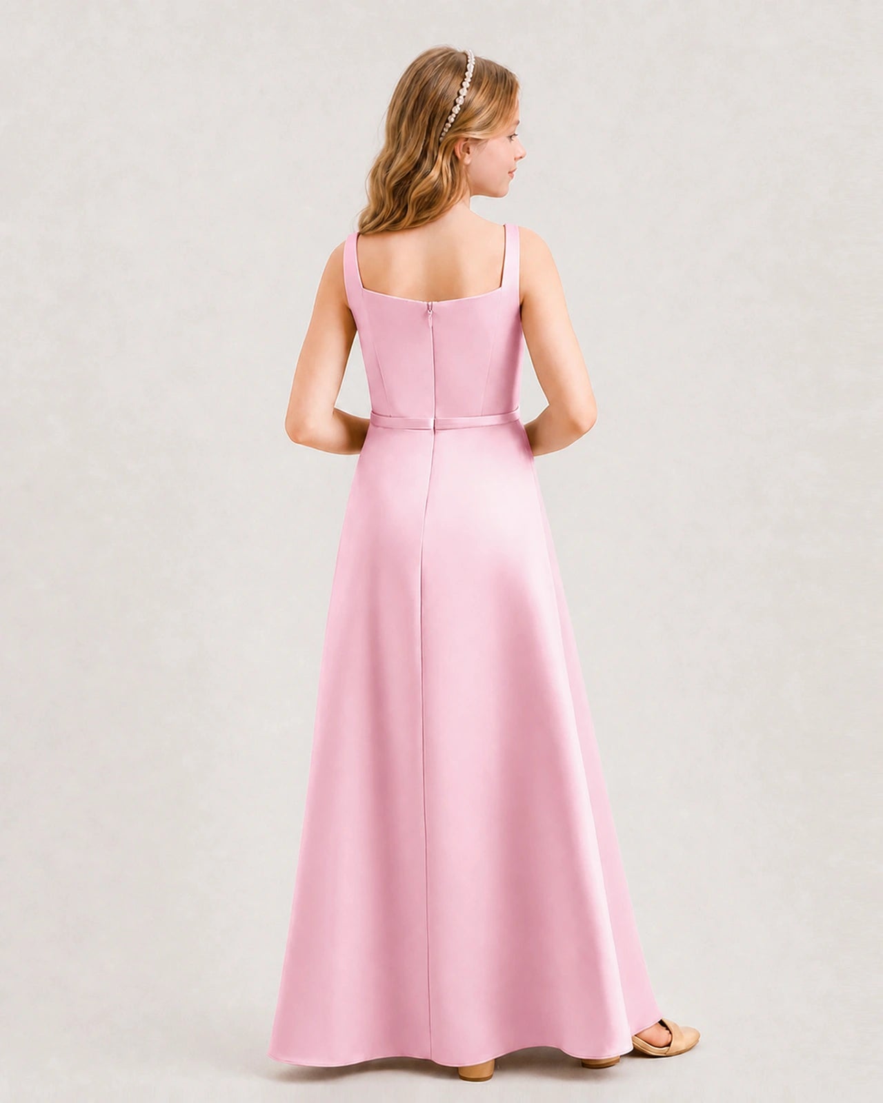 Pink Junior Bridesmaid Dress Wide Strap Draped Satin A-Line Floor-Length Gown Back Full View