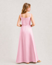 Pink Junior Bridesmaid Dress Wide Strap Draped Satin A-Line Floor-Length Gown Back Full View