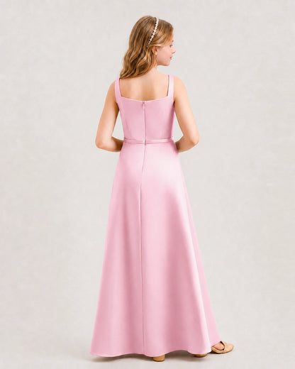 Pink Junior Bridesmaid Dress Wide Strap Draped Satin A-Line Floor-Length Gown Back Full View