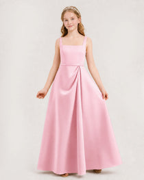 Pink Junior Bridesmaid Dress Wide Strap Draped Satin A-Line Floor-Length Gown Front Full View