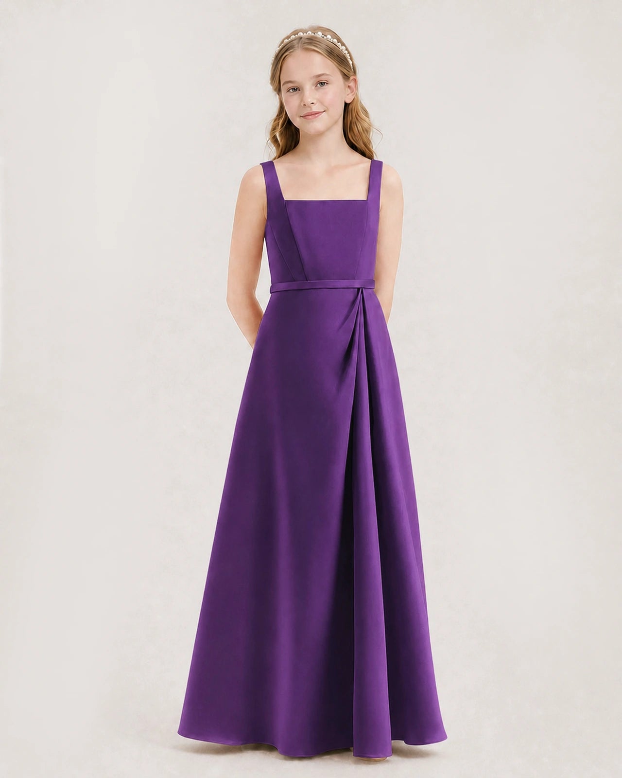Purple Junior Bridesmaid Dress Wide Strap Draped Satin A-Line Floor-Length Gown Front Full View