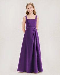 Purple Junior Bridesmaid Dress Wide Strap Draped Satin A-Line Floor-Length Gown Front Full View