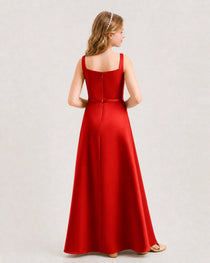 Pink Junior Bridesmaid Dress Wide Strap Draped Satin A-Line Floor-Length Gown Back Full View