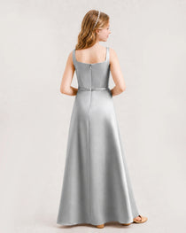 Silver Junior Bridesmaid Dress Wide Strap Draped Satin A-Line Floor-Length Gown Back Full View