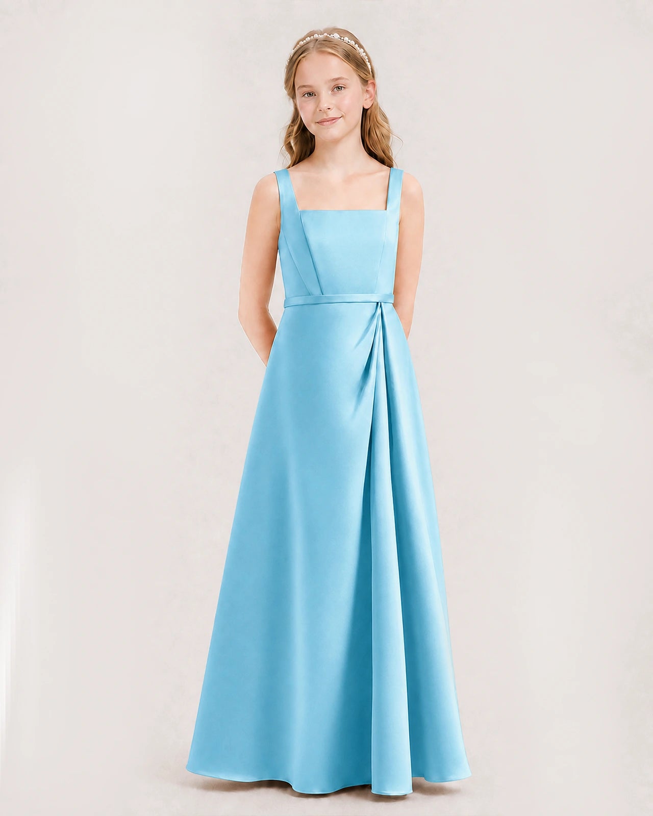 Sky Blue Junior Bridesmaid Dress Wide Strap Draped Satin A-Line Floor-Length Gown Front Full View