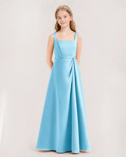 Sky Blue Junior Bridesmaid Dress Wide Strap Draped Satin A-Line Floor-Length Gown Front Full View