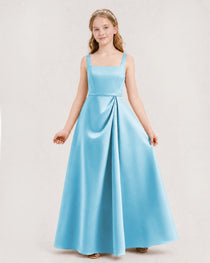 Sky Blue Junior Bridesmaid Dress Wide Strap Draped Satin A-Line Floor-Length Gown Front Full View