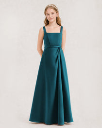 Teal Junior Bridesmaid Dress Wide Strap Draped Satin A-Line Floor-Length Gown Front Full View