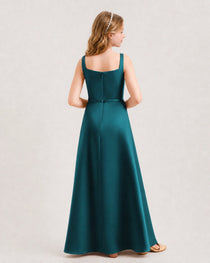 Teal Junior Bridesmaid Dress Wide Strap Draped Satin A-Line Floor-Length Gown Back Full View