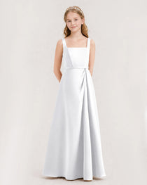 White Junior Bridesmaid Dress Wide Strap Draped Satin A-Line Floor-Length Gown Front Full View