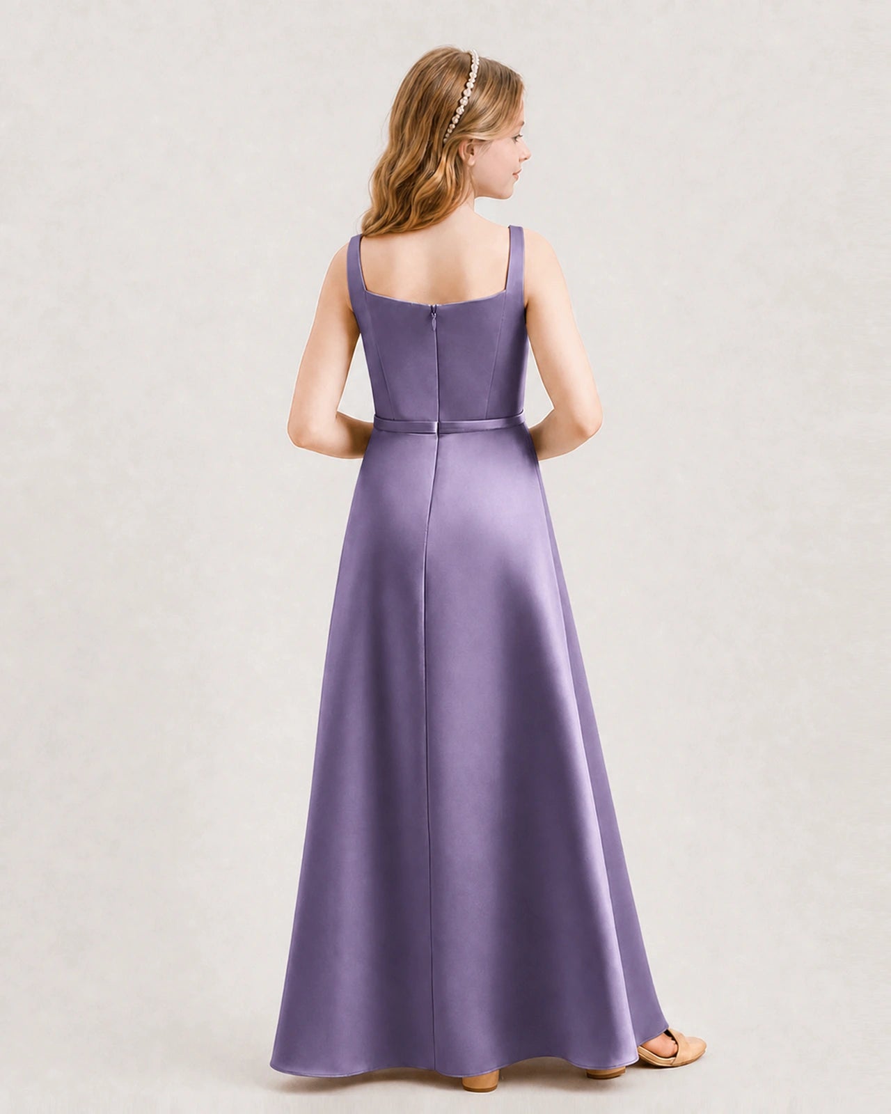 Wisteria Junior Bridesmaid Dress Wide Strap Draped Satin A-Line Floor-Length Gown Back Full View