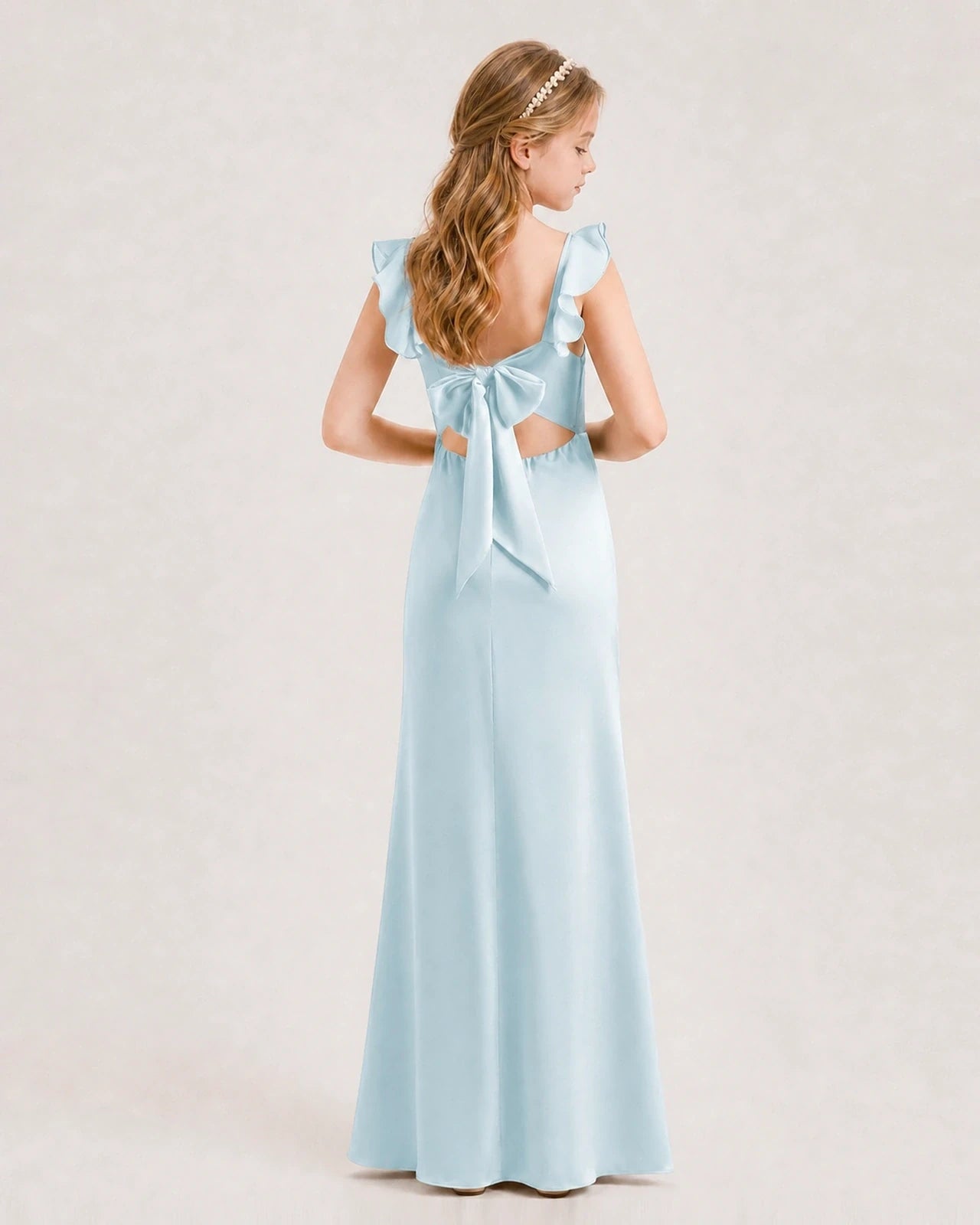 Baby Blue Chiffon Ruffle Back Junior Bridesmaid Dress Back View