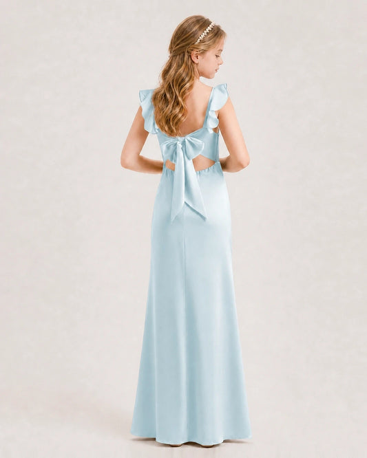 Dideyttawl Chiffon Junior Bridesmaid Dress with Ruffle Slit and Back Tie