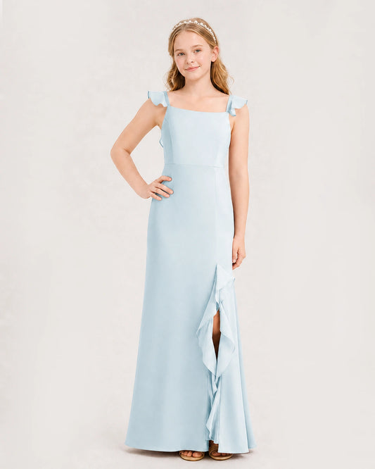 Dideyttawl Chiffon Junior Bridesmaid Dress with Ruffle Slit and Back Tie