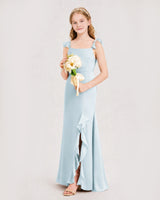 Baby Blue Chiffon Ruffled Slit Junior Bridesmaid Dresses Side View