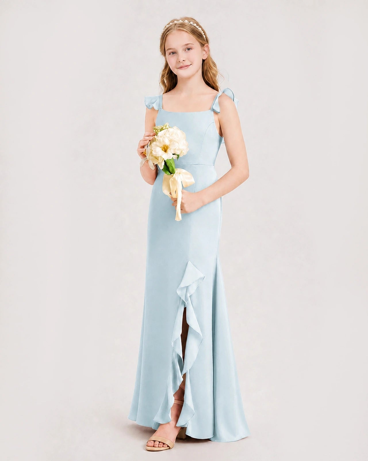 Baby Blue Chiffon Ruffled Slit Junior Bridesmaid Dresses Side View