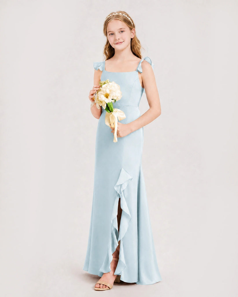 Baby Blue Chiffon Ruffled Slit Junior Bridesmaid Dresses Side View