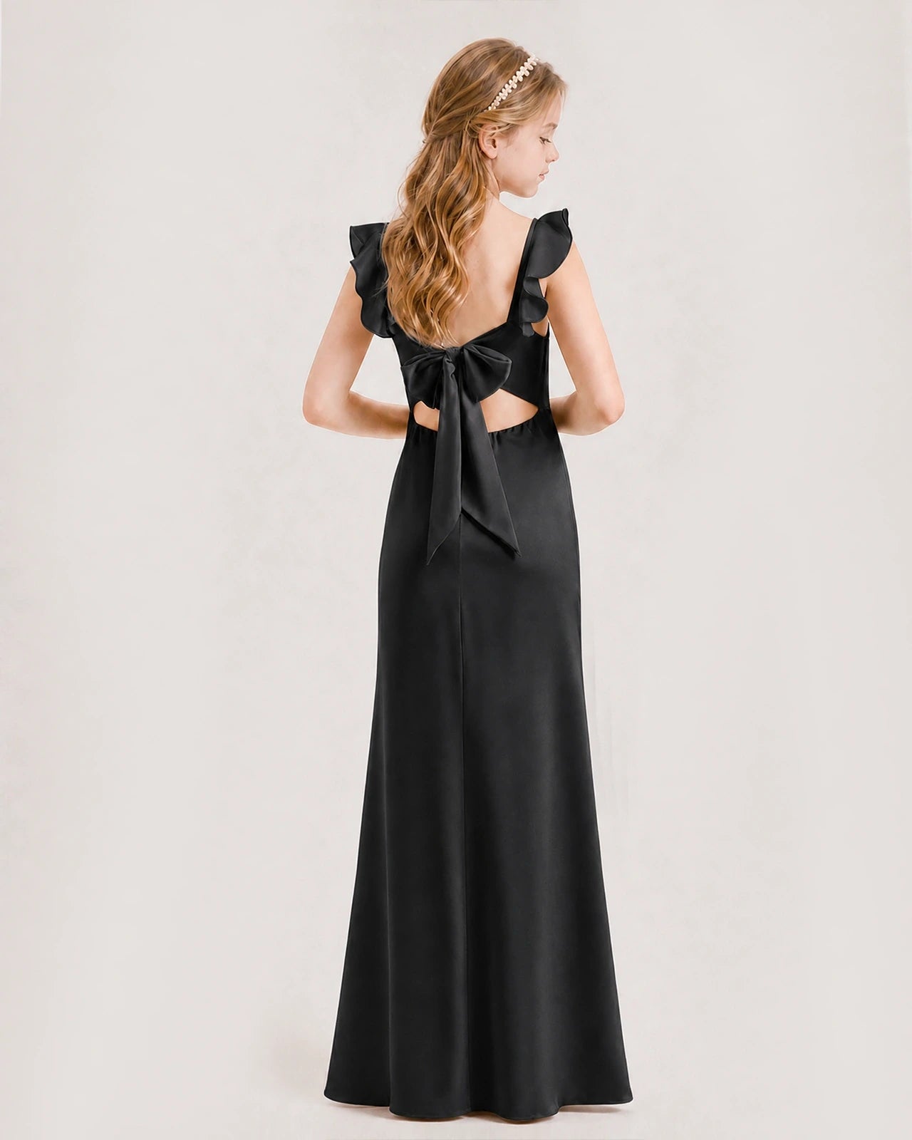 Black chiffon ruffle-strap scoop-back junior bridesmaid dress Back View