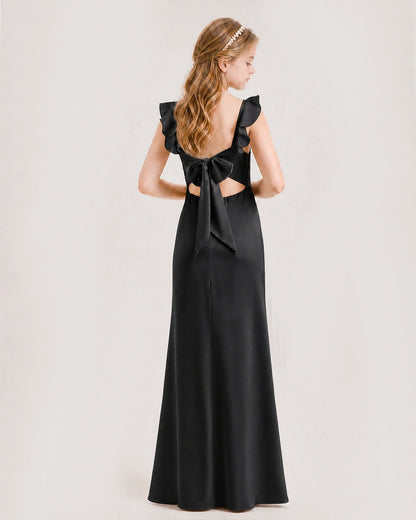 Black chiffon ruffle-strap scoop-back junior bridesmaid dress Back View