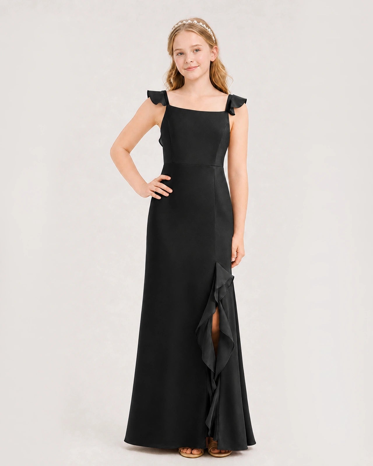Black chiffon square neck junior bridesmaid dress Front View
