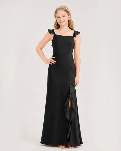 Black chiffon square neck junior bridesmaid dress Front View