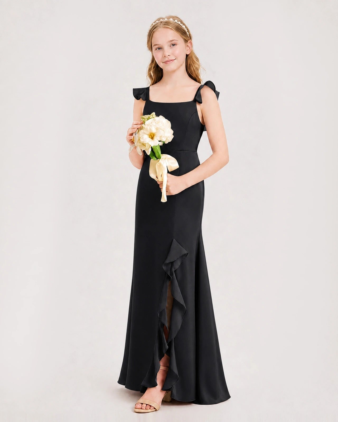Black Chiffon Ruffled Slit Junior Bridesmaid Dresses Side View