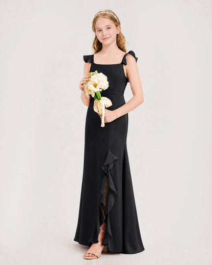 Black Chiffon Ruffled Slit Junior Bridesmaid Dresses Side View