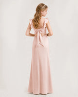 Blush Pink Chiffon Ruffle-Shoulder Junior Bridesmaid Dress Back View